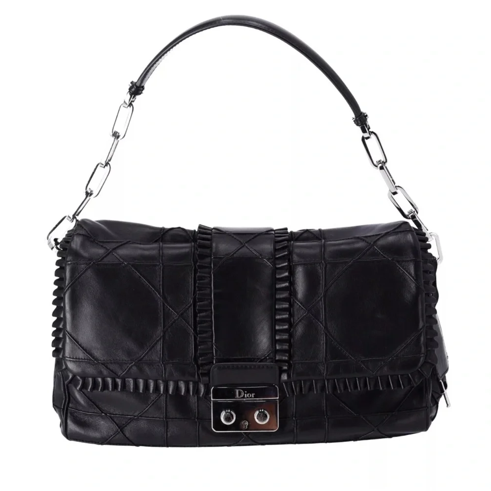 Christian Dior Black Lambskin Leather New Lock Ruffle Flap Shoulder Bag Ruffle - Picture 2 of 15